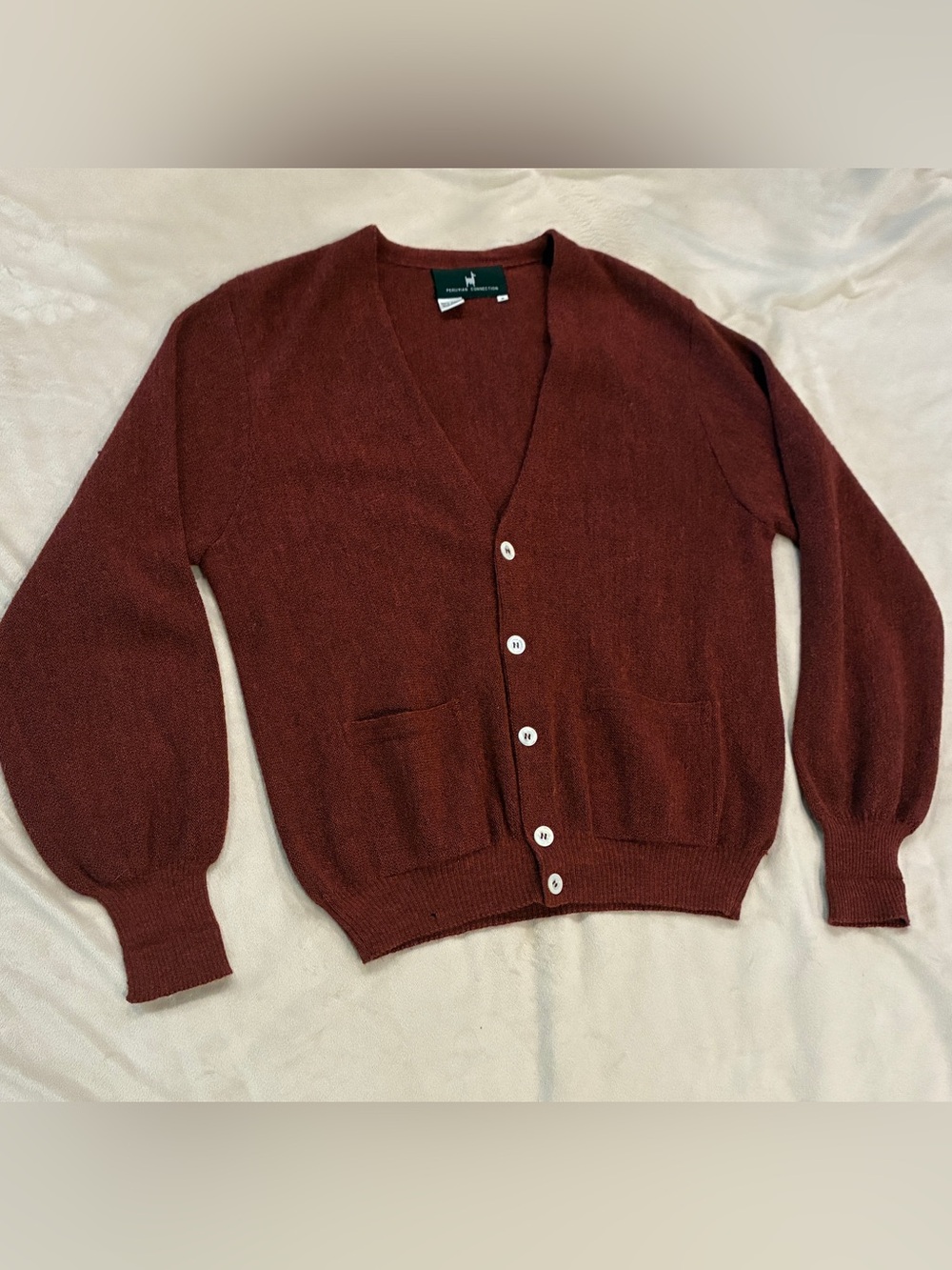Peruvian Connection Vintage Men’s Burgundy Button-Front V-Neck Cardigan